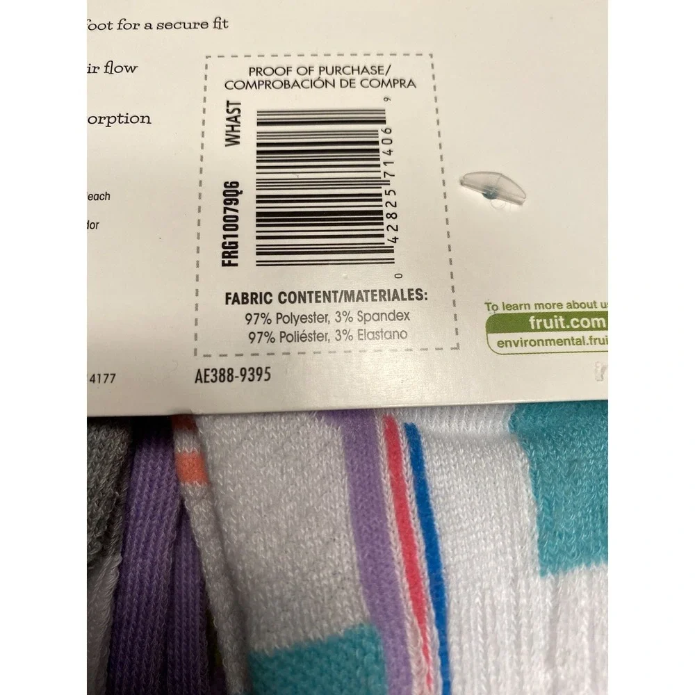 fruit of the loom girls active ankle socks‎ 6 pairs size large shoe 4-10